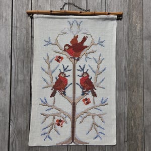 Vintage Embroidered Bird Tapestry: Nordic Folk Art Wall Hanging