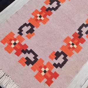 Vintage Norwegian Table Runner | Flat Weave Folk Art Textile | Geometric Orange Red Pattern | Mid-Century Scandinavian Wool Decor
