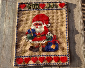 Vintage Embroidered Christmas Tapestry: Swedish Santa Nisse