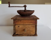 Antique Coffee Mill with Distressed Wood and Cast Iron Crank Handle