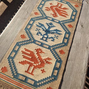 Vintage Handwoven Norwegian Wool Table Runner: Birds & Floral Nordic Decor