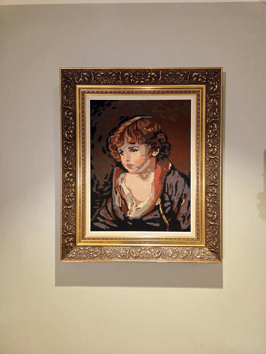 Vintage Needlepoint Portrait | Framed Needlepoint Art | Ornate Gold ...