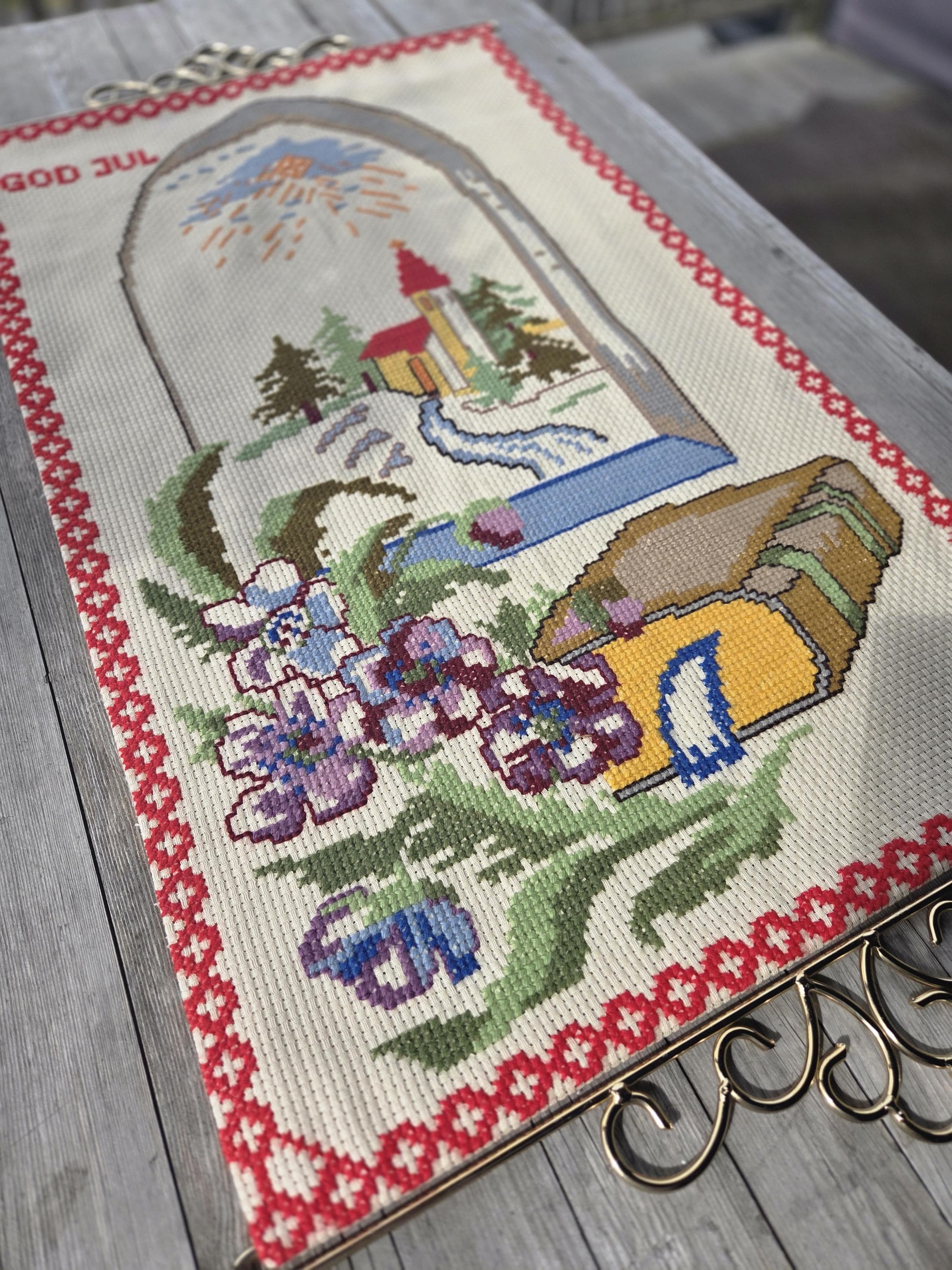 Vintage Norwegian Christmas Tapestry: God Jul Embroidered