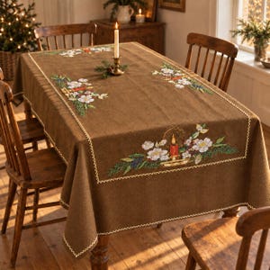 Puede incluir: Un mantel rectangular de color marrón con motivos navideños bordados de flores blancas, agujas de pino verdes y velas rojas. Los bordes están rematados con una costura decorativa en zigzag blanca y la tela tiene un aspecto tejido.
