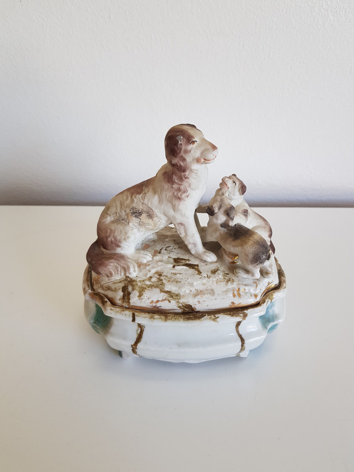 Antique Trinket Box with Dog Figurine Etsy