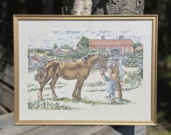 ヴィンテージ額入りクロスステッチ：スカンジナビアの農場風景、カール