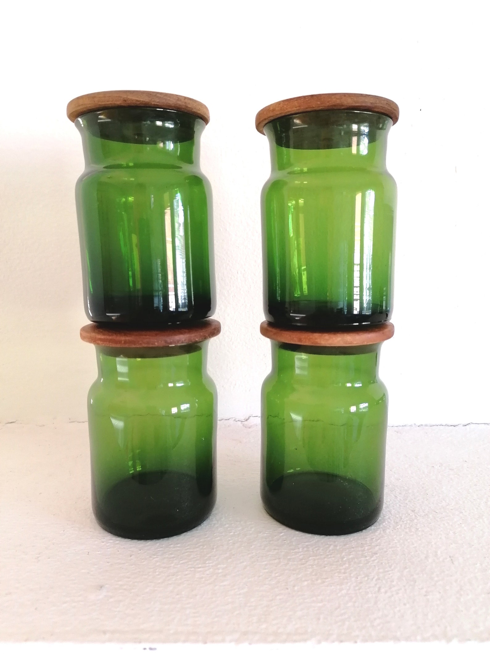 Set of 4 Vintage Danish Green Glass Jars with Round Teak Lids Etsy