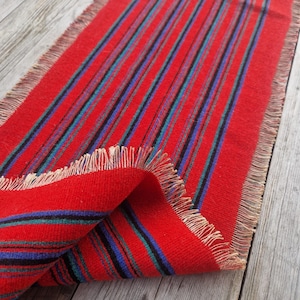 Vintage Handwoven Norwegian Wool Table Runner: Red Striped Nordic Textile