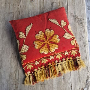 Antique 18th Century Norwegian Embroidered Pillow | Baroque Manor Decor | Red Linen with Gold Stitching | Rare Historic Textile Cushion