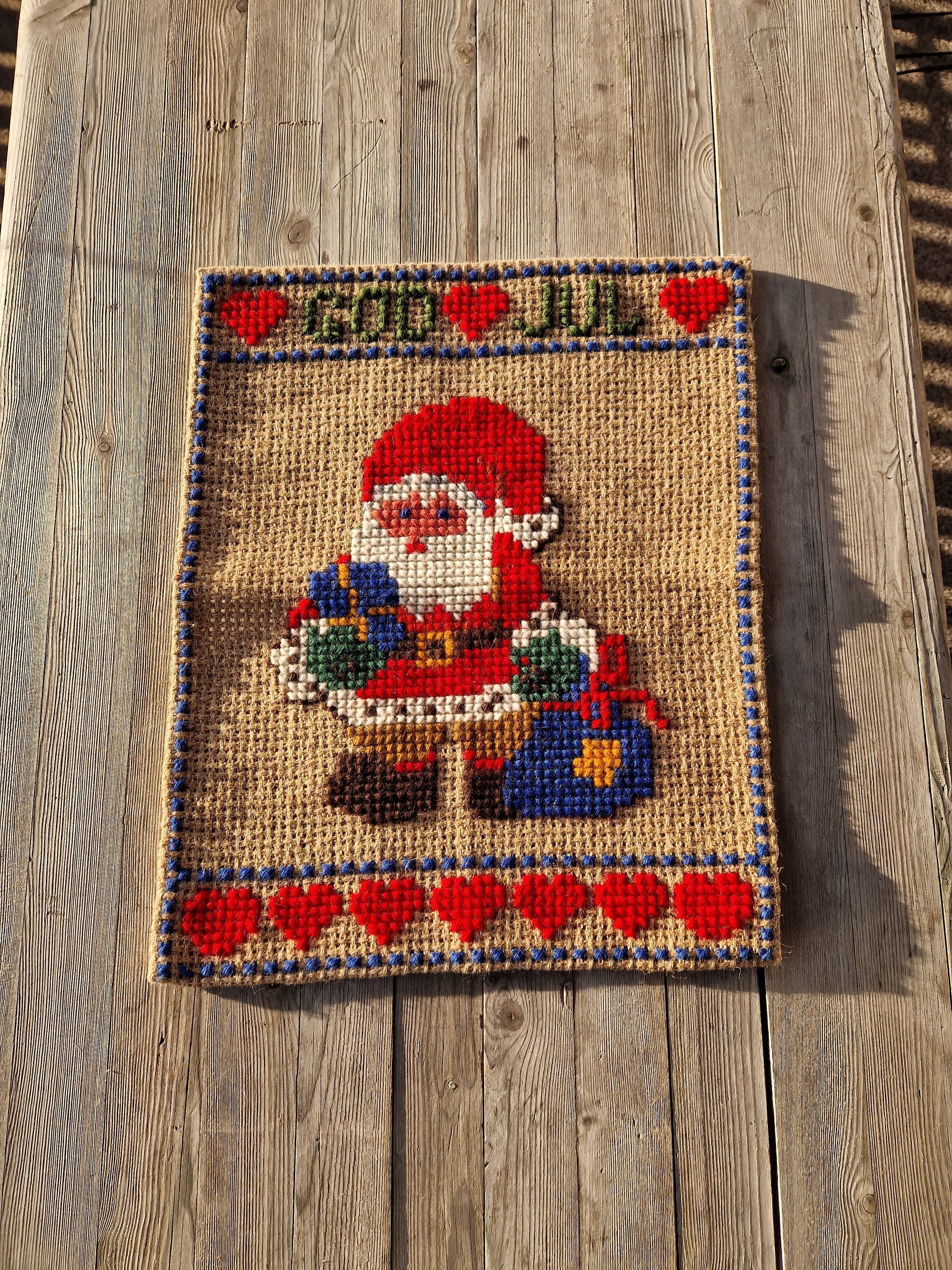Vintage Embroidered Christmas Tapestry: Swedish Santa Nisse
