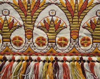 Vintage Scandinavisch volantgordijn | Volkskunst textiel linnen wol borduurkwasten | Rustiek boerderijraamdecoratie Scandinavisch keukengordijn