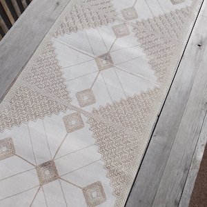 Vintage Norwegian Linen Table Runner | Beige Geometric Embroidery | Scandinavian Minimalist Decor | Nordic Folk Textile Accent |Large Runner