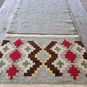 Vintage Handwoven Wool Table Runner: Nordic Folk Geometric Textile