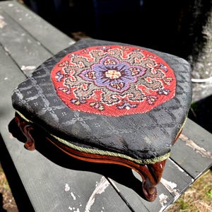 Vintage Embroidered Foot Stool: Floral Needlepoint, Scandi Cottage Decor