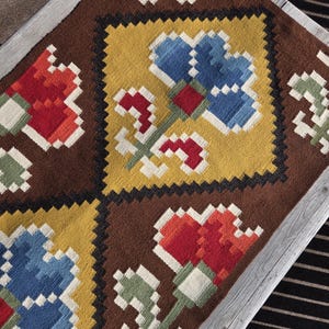 Vintage Norwegian Wool Tapestry | Handwoven Floral Folk Art Wall Hanging | Mid Century Scandinavian Textile Decor with Fringe