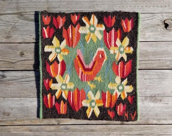 Vintage Norwegian Flat Weave Wool Tapestry | Signed H.V | Bird & Floral Folk Art | Handwoven Scandinavian Wall Hanging | Green Brown Palette