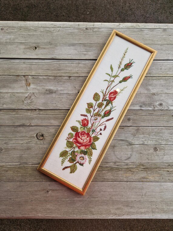 Vintage Rose Needlepoint: Framed Floral Linen Scandinavian Wall Art