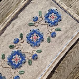 Vintage Nordic Table Runner | Hand Embroidered Scandinavian Floral Runner | Grey Linen Scandi Folk Art | Cottage Farmhouse Textile Decor