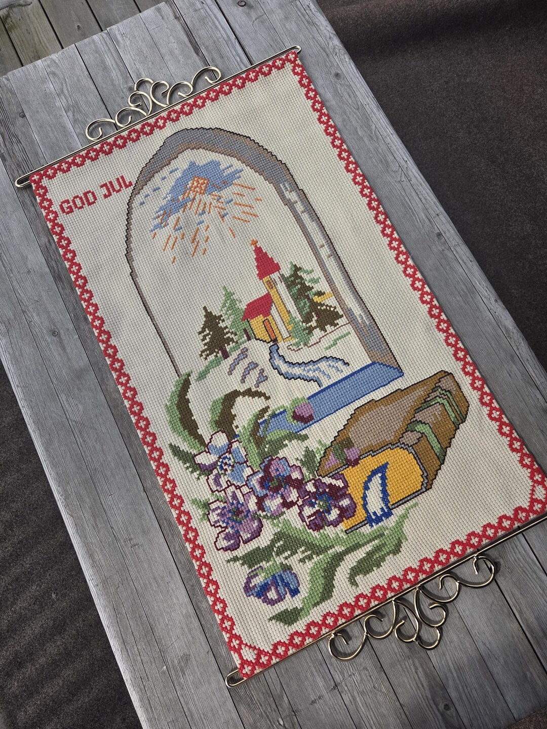 Sweden＊GOD JUL＊Christmas tapestry・* Vintage Norwegian Christmas Tapestry: God Jul Embroidered