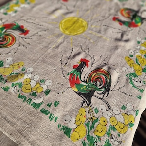 Retro Leinen Ostertischdecke | Norwegische Tischdecke | Tischdecke bedruckt | Hahn Dekor | Ostertischwäsche | Skandinavische Bettwäsche