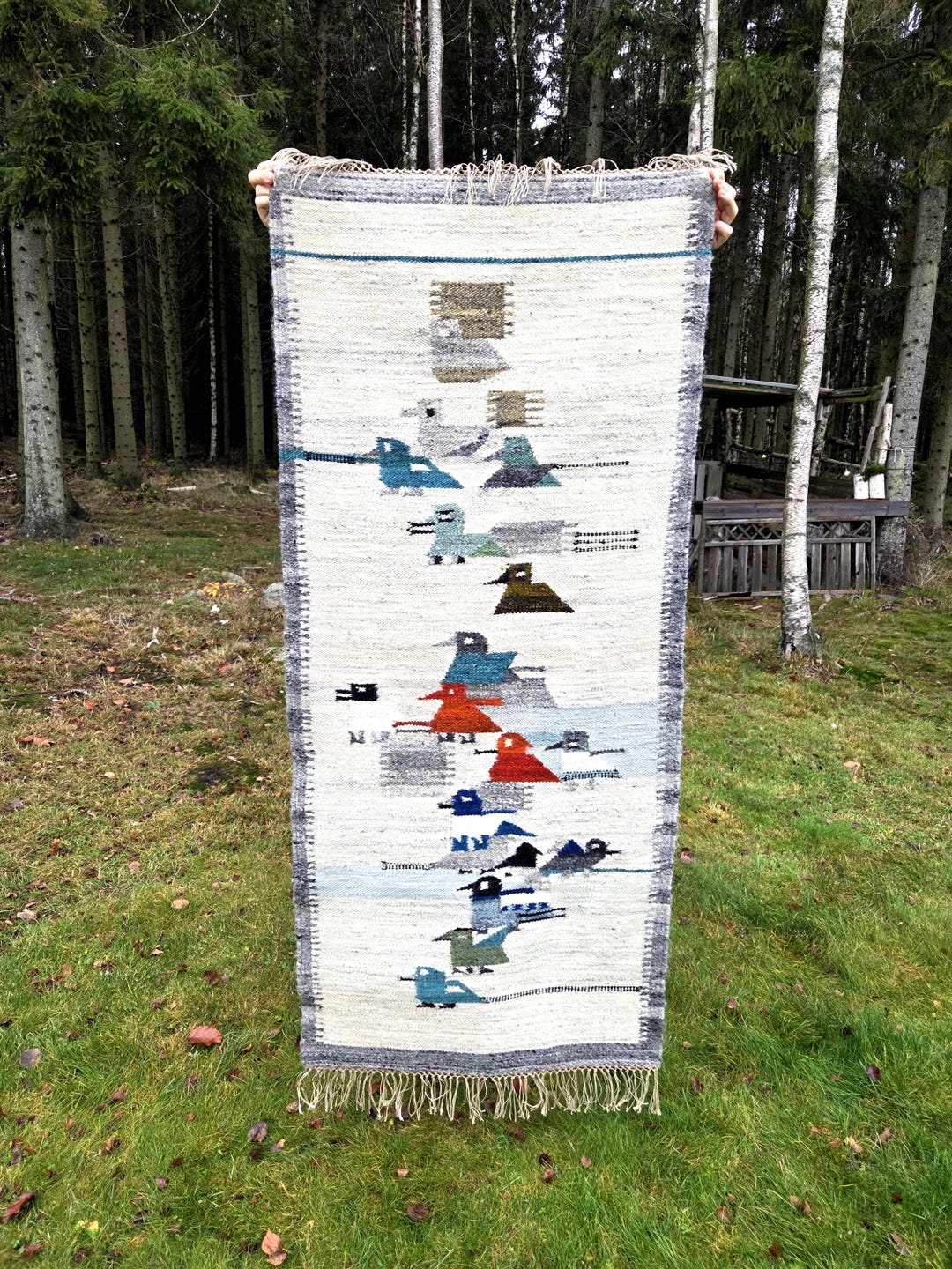 Vintage Polish Kilim | Folk Art Wall Rug “kaczory” Ducks by Michno ...