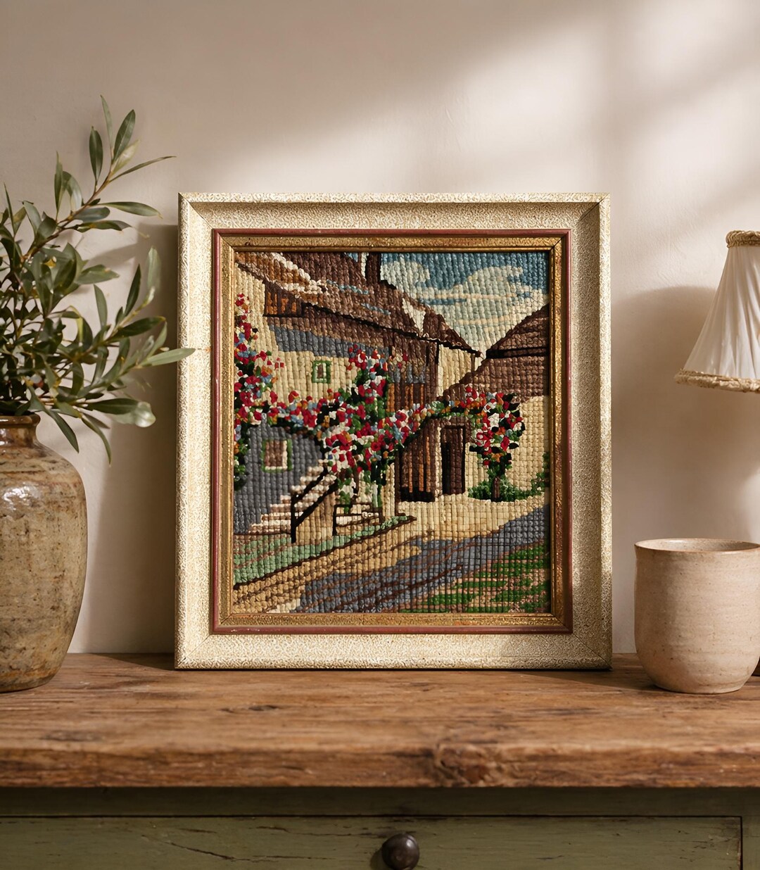 Vintage Needlepoint Wall Art | Framed Village Scene | Petite Point ...