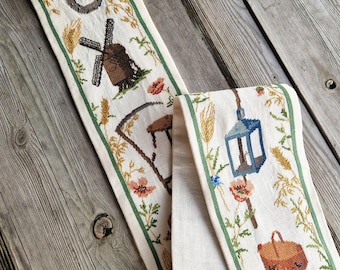 Vintage 1962 Dutch Embroidered Bell Pull | Farm Scene Wall Hanging | Folk Art Textile | Netherlands Country House Decor | Brass Hangers Rare
