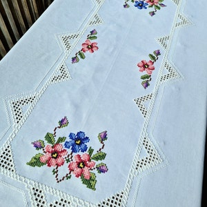 Vintage Norwegian Hardanger Tablecloth | White Linen with Floral Cross Stitch | Lace Embroidery | Cottagecore Decor | Heirloom Textile