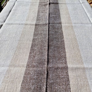 Vintage Finnish Handwoven Linen Tablecloth | Mid Century Scandinavian Table Linen | Natural Cream Brown Striped Nordic Dining Decor