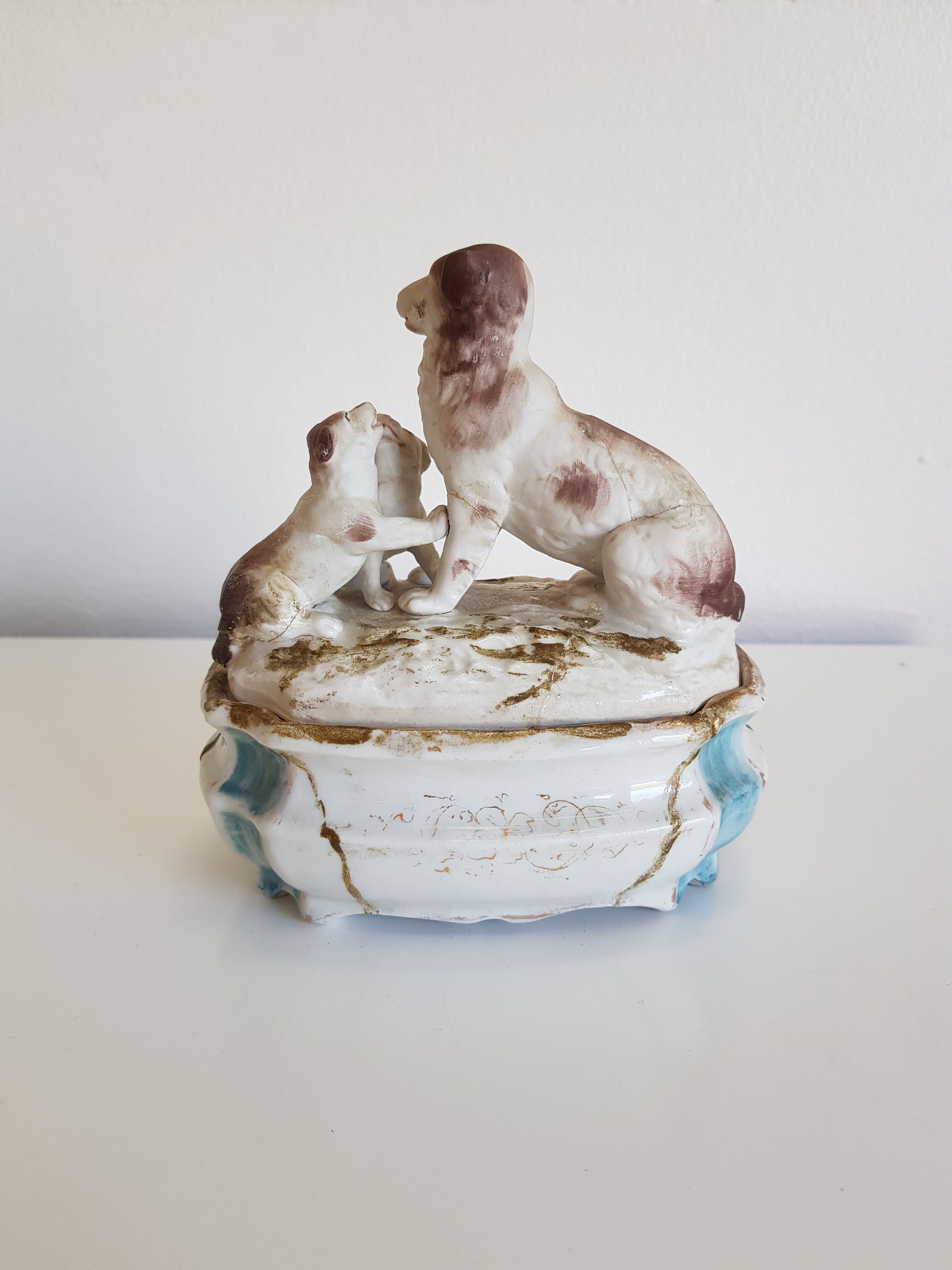 Antique Trinket Box with Dog Figurine Etsy