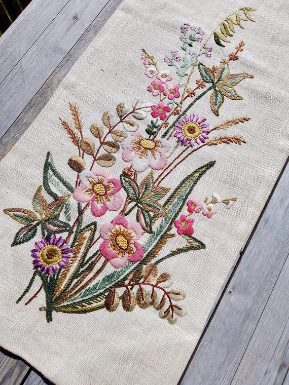 Vintage Linen Embroidered Wall Hanging: Hand-Stitched Wildflower Tapestry