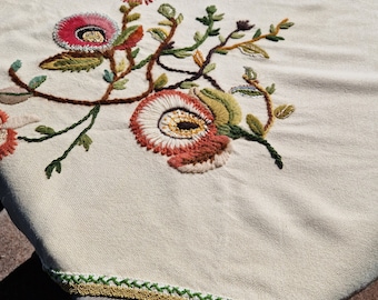 Embroidered Wool Tablecloth: Antique Floral Linen, Gold Trim