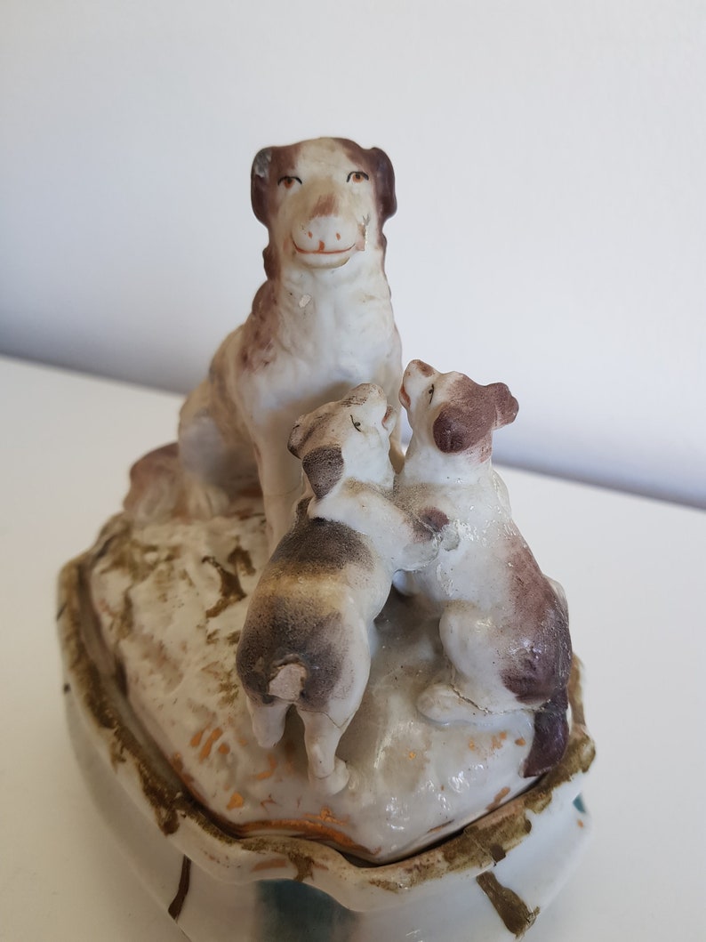 Antique Trinket Box with Dog Figurine