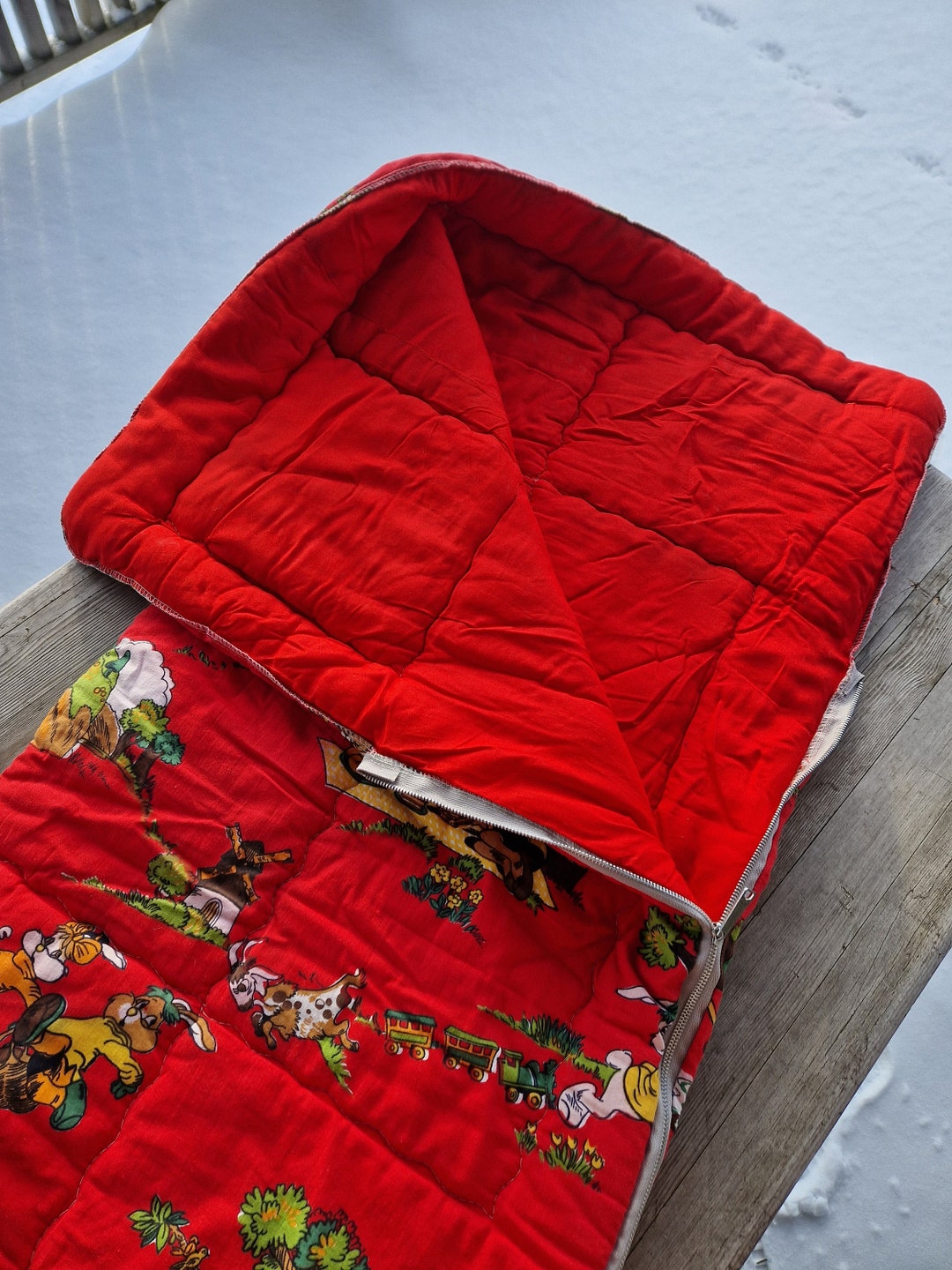 Vintage 70s Swedish Child's Sleeping Bag: Red Rabbit Print