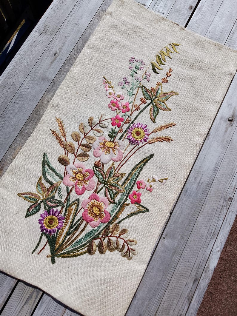 Vintage Linen Embroidered Wall Hanging: Hand-stitched Wildflower ...