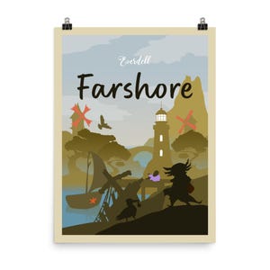 May include: A vintage travel poster for Farshore, Everdell. The poster features a lighthouse, a windmill, a boat, and a bird in a misty, green landscape.