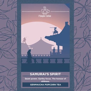 May include: A vertical graphic with a purple and blue color scheme. The image features a silhouette of a Japanese temple with samurai figures. The text reads "SAMURAI'S SPIRIT" and "GENMAICHA POPCORN TEA". The Meeple Coffee logo is at the top.