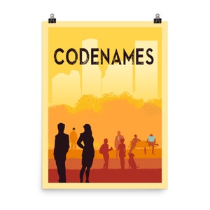 May include: A yellow poster with the text "CODENAMES" in black. The poster features a silhouette of a city skyline with people in the foreground. The people are silhouetted in black and are standing and sitting in a park setting.