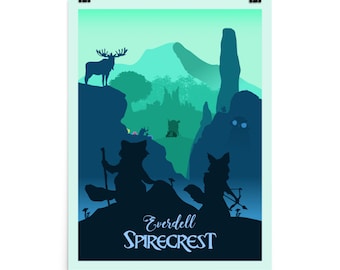 May include: A blue and green poster with a silhouette of a forest, a deer, and two figures. The text "Everdell Spirecrest" is at the bottom of the poster.