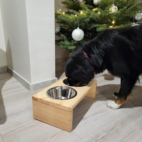 Large Feeding Stand for Dogs, Pet Feeding, Raised  Stand With 2 Bowls 1800ml,  Wooden Elevated Stand,  Cover With Oil 50 x 28 x 16,5cm