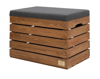 Bench and Storage Chest - Upholstered Stool Seat Chest Made of Wood, Stool Bench with Storage Space, Crate Box (60 x 40 x 44 cm), Nut