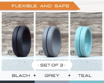 Mens silicone ring set, 3 Silicone Rings Men, Rubber rings, Rubber wedding band men, Fitness Ring men, Flexible ring, Men Silicon Ring Gift