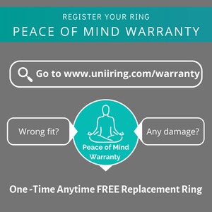 May include: A teal blue graphic with the text "Register Your Ring Peace of Mind Warranty" and a magnifying glass icon with the text "Go to www.uniiring.com/warranty". The graphic shows a teal blue circle with a white silhouette of a person sitting in a meditative pose. The text "Peace of Mind Warranty" is inside the circle. Two white rectangles with rounded corners are connected to the circle. The rectangle on the left says "Wrong fit?" and the rectangle on the right says "Any damage?". The text "One-Time Anytime FREE Replacement Ring" is at the bottom of the graphic.