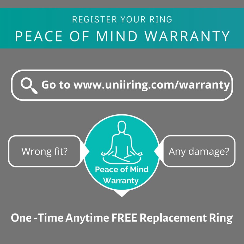 May include: A teal blue graphic with the text "Register Your Ring Peace of Mind Warranty" and a magnifying glass icon with the text "Go to www.uniiring.com/warranty". The graphic shows a teal blue circle with a white silhouette of a person sitting in a meditative pose. The text "Peace of Mind Warranty" is inside the circle. Two white rectangles with rounded corners are connected to the circle. The rectangle on the left says "Wrong fit?" and the rectangle on the right says "Any damage?". The text "One-Time Anytime FREE Replacement Ring" is at the bottom of the graphic.