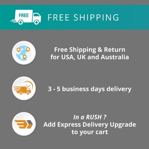 May include: Free shipping and returns for orders to the USA, UK, and Australia.  Delivery takes 3-5 business days.  Add express delivery for faster shipping.