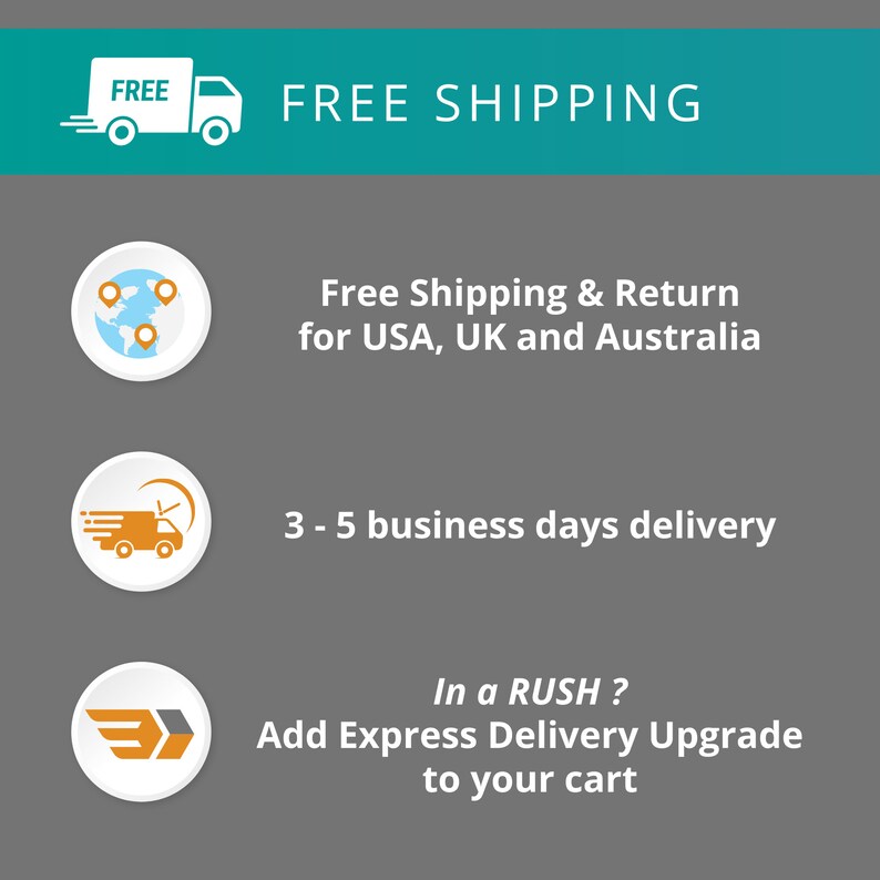 May include: Free shipping and returns for orders to the USA, UK, and Australia.  Delivery takes 3-5 business days.  Add express delivery for faster shipping.