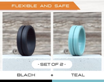 Mens silicone ring set, 2 Silicone Rings Men, Rubber rings, Rubber wedding band men, Fitness Ring men, Flexible ring, Men Silicon Ring Gift