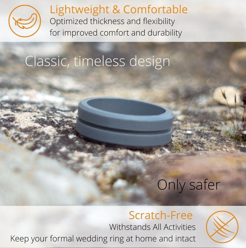 May include: A grey silicone ring with a grooved design. The ring is lying on a rocky surface. The text "Only safer" and "Scratch-Free" is visible below the ring. The text "Withstands All Activities" is also visible. The text "Keep your formal wedding ring at home and intact" is visible at the bottom of the image.