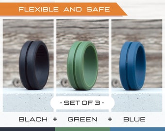 Mens silicone ring set, 3 Silicone Rings Men, Rubber rings, Rubber wedding band men, Fitness Ring men, Flexible ring, Men Silicon Ring Gift
