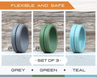 Mens silicone ring set, 3 Silicone Rings Men, Rubber rings, Rubber wedding band men, Fitness Ring men, Flexible ring, Men Silicon Ring Gift